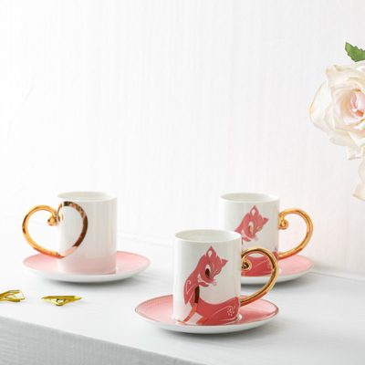 Red Unique Fox Decal Design Ceramic Coffee Cup And Saucer With Golden Handle