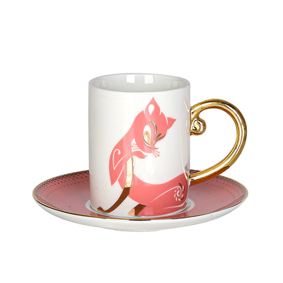 Red Unique Fox Decal Design Ceramic Coffee Cup And Saucer With Golden Handle