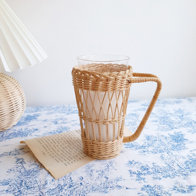 High End Coffee Tea Clear Water Cup Clear Glass Mug With Rattan Holder