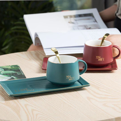 Unique Luxury Breakfast Ceramic Coffee Cup With Square Saucer And Spoon