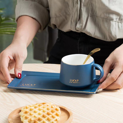 Unique Luxury Breakfast Ceramic Coffee Cup With Square Saucer And Spoon