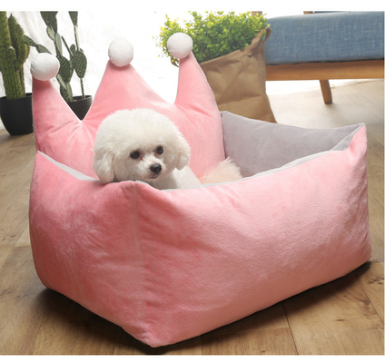Short Plush Pink Grey Yellow Princess Dog Bed With Crown Shape